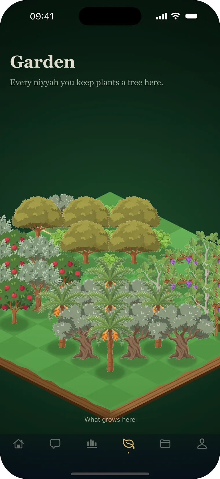 The Garden screen: an illustrated orchard of trees grown from kept intentions.