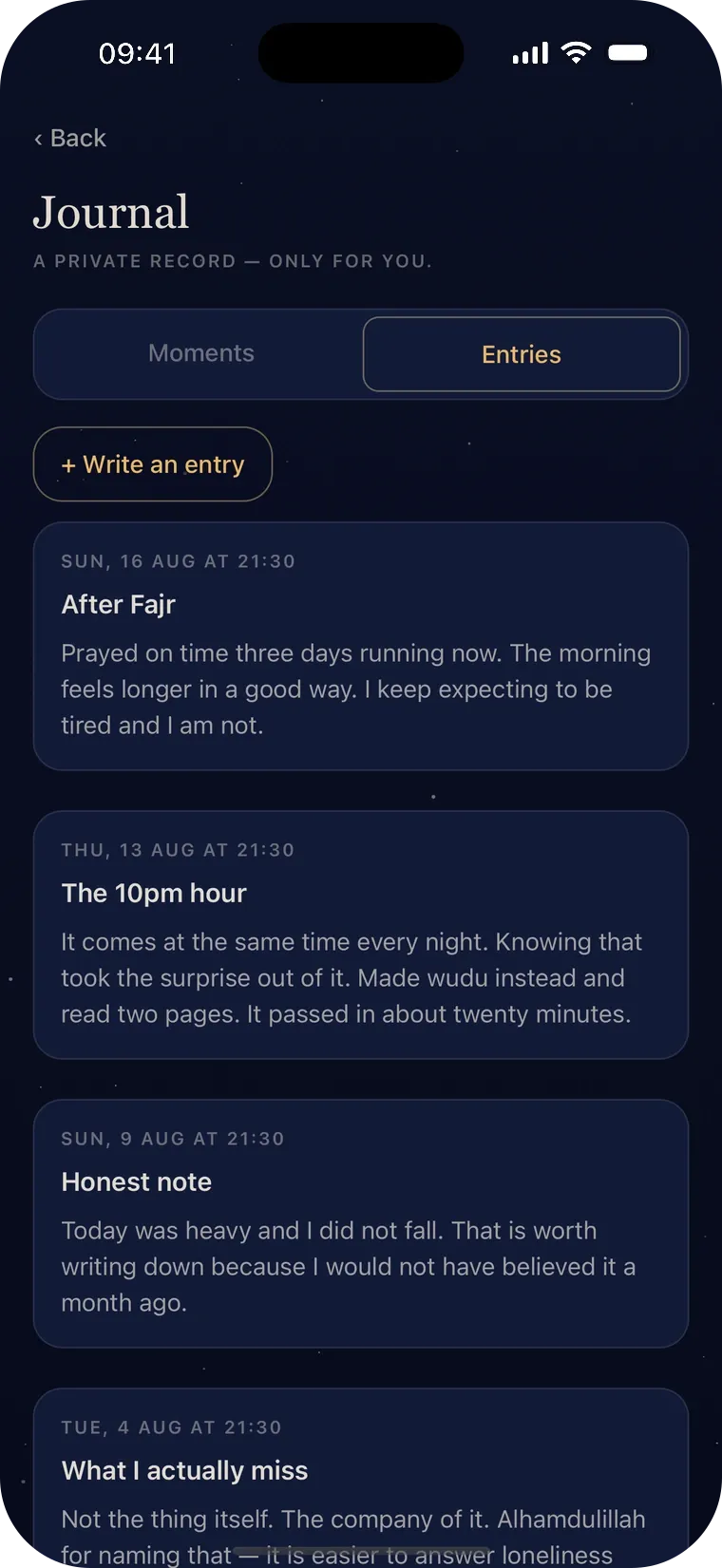The Journal screen in Iffah, a list of dated entries under Moments and Entries tabs.