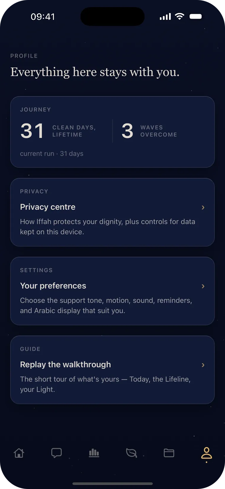 The Profile screen, showing privacy controls and the note that data is kept on this device.