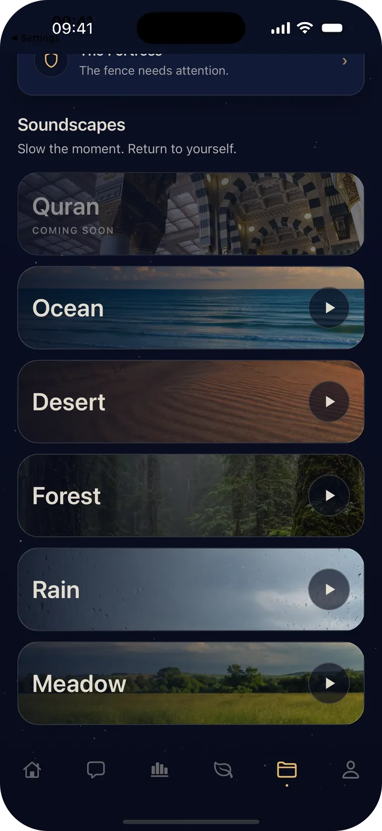 The Soundscapes screen, offering Quran, Ocean, Desert, Forest, Rain and Meadow.