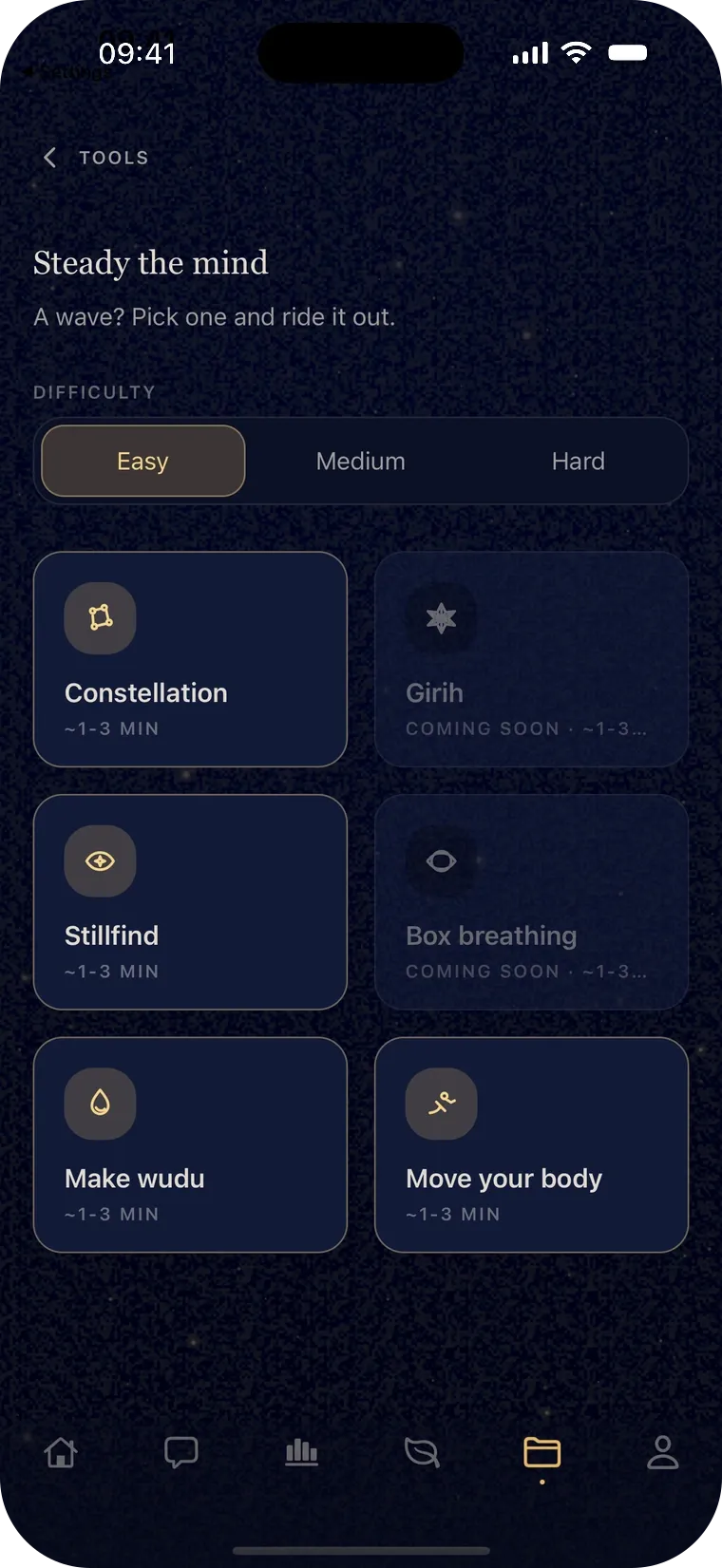 The Steady shelf: Constellation, Girih, Stillfind, box breathing, make wudu and move your body, each with a rough duration.
