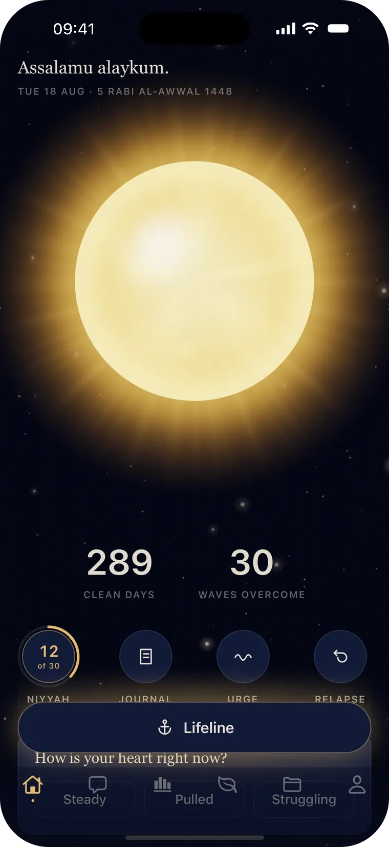 The Today screen in Iffah: a warm sun over a night sky, 289 clean days, 30 waves overcome, and the Lifeline button pinned to the bottom.